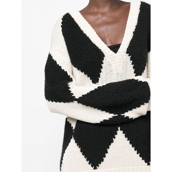 KHAITE The Valerie Argyle 100% Cashmere Academia Sweater Cream V Neck Size XS - Picture 6 of 12